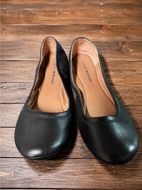 Lucky Brand Black Leather Ballet Flats Size 10 Round Toe Comfort Slip-On Shoes